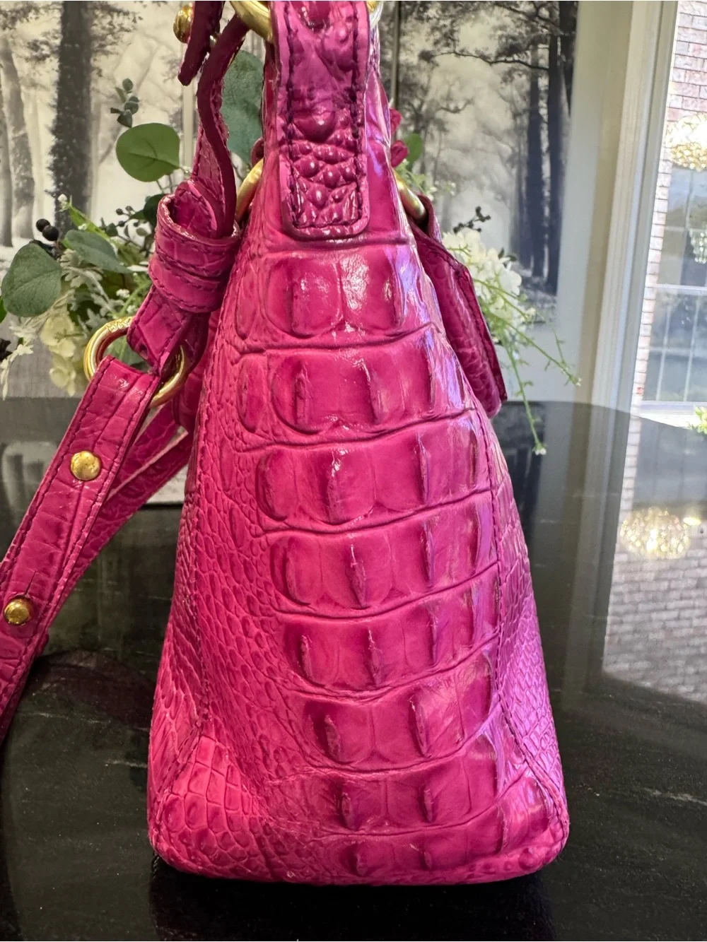 🩷🐊Brahmin Mini Asher Satchel Fuchsia Croc Embossed Leather Crossbody Pink